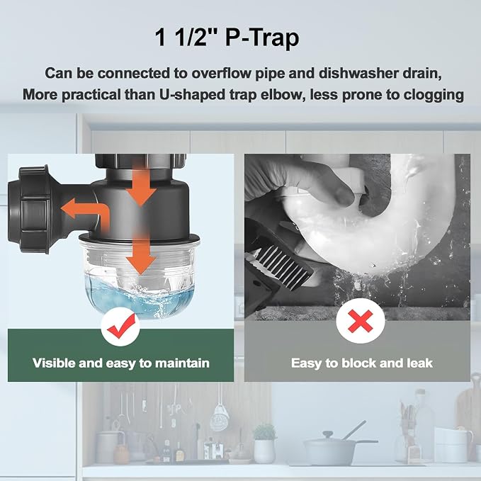 1-1/2 inch Kitchen Sink Drain Kit, space-saving kitchen drain - Image 6
