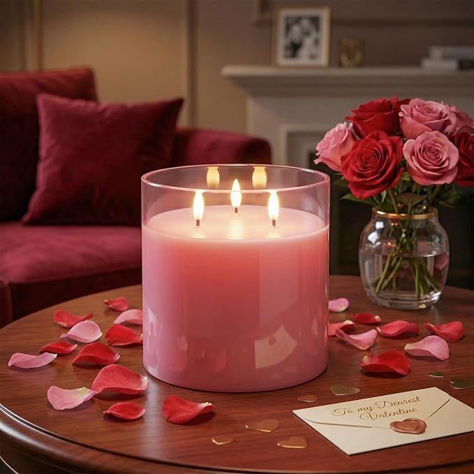 Homemory Pink Large Glass Flameless LED Candle, 3 Wicks, Remote Timer | 6"x6" - Image 4
