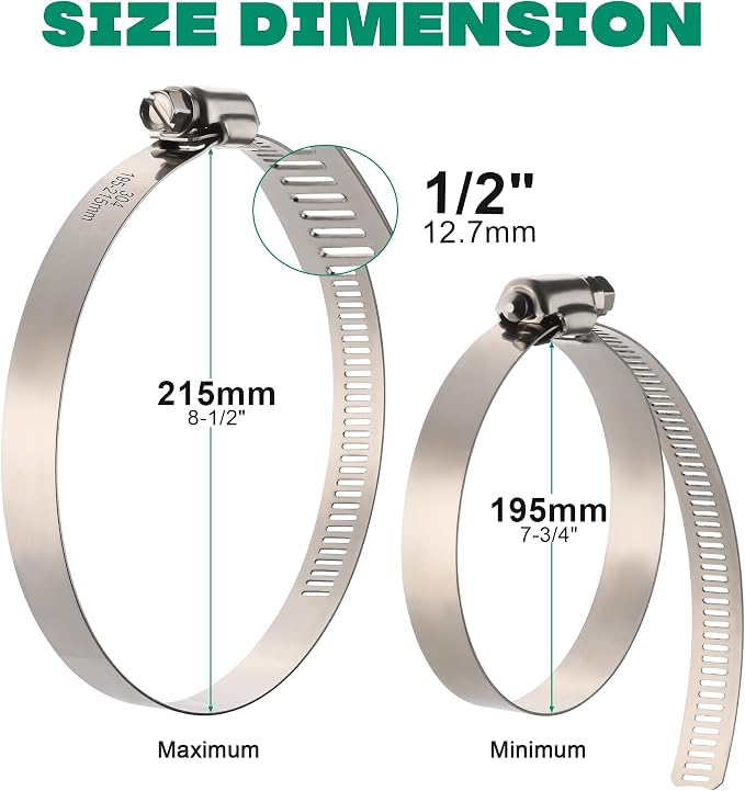 OURU Large Hose Clamps, 10 Pack 8 Inch Stainless Steel Hose Clamps Adjustable - Image 2