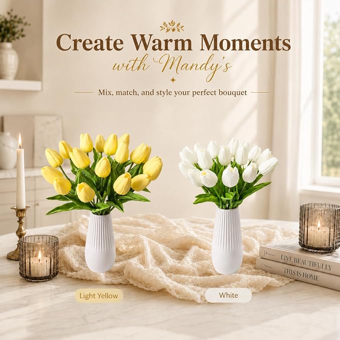 Mandy's 20pcs Artificial Light Yellow Tulips | 13.5 Inch Lifelike PU Tulips - Image 9