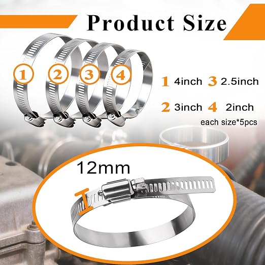 20pcs Silver 304 Stainless Steel 40-108mm Hose Clamps Assortment Adjustable - Image 2