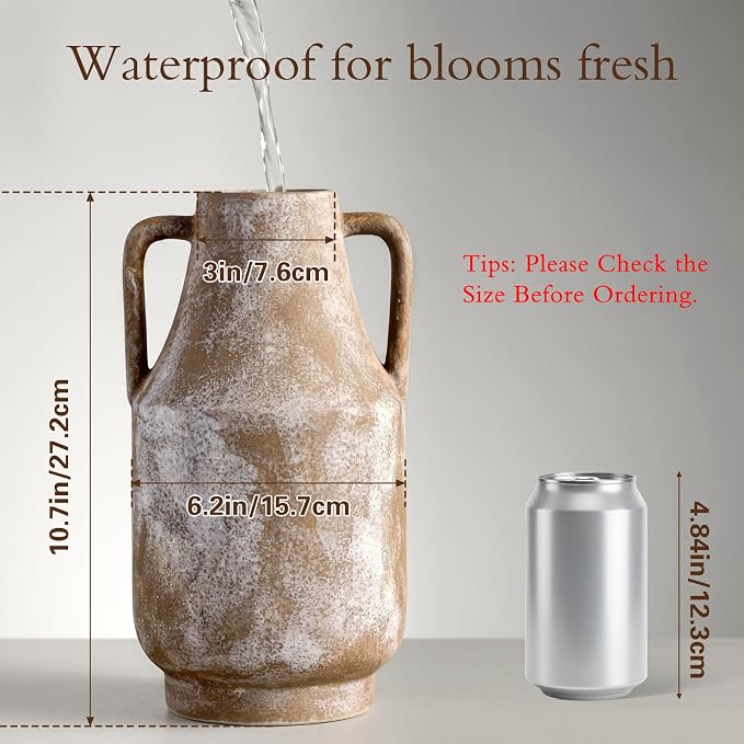 Ceramic Flower Vase with Handles, 11in Tall Rustic Vases - Image 2