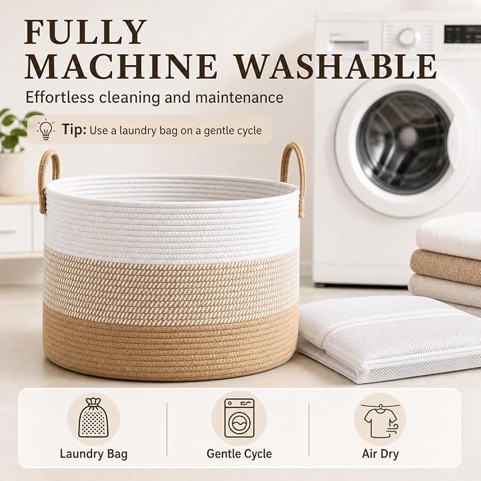 JMvicyroam 65L Extra Large Machine Washable Cotton Rope Blanket Basket | - Image 7