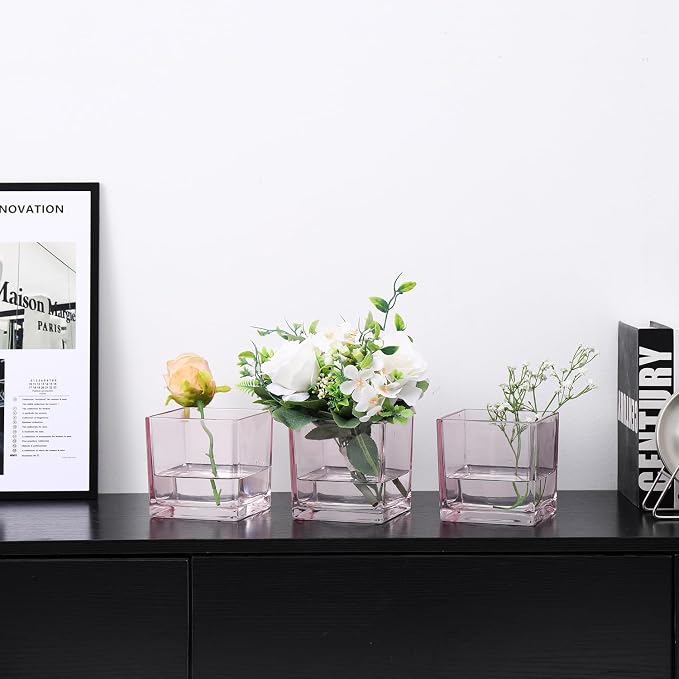 Square Pink Glass Vases Set of 6, Square Vase - Image 3