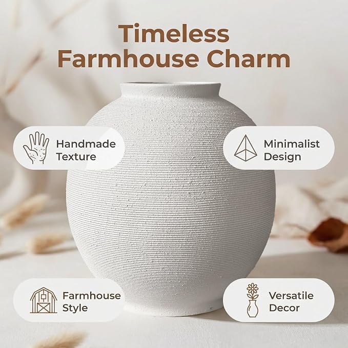 Large White Ceramic Vase, 10.8" Sandstone White | Round Rustic Table Vase - Image 9