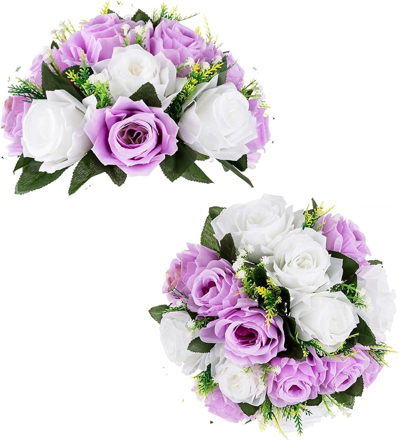 BLOSMON Lilac Purple Flowers Artificial: 2 Pcs Fake Roses Flower Balls by Blosmon