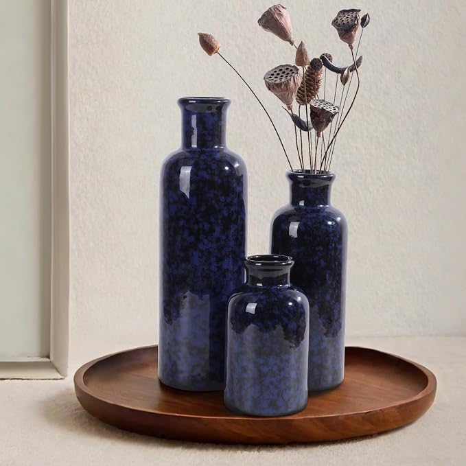 Small Blue Ceramic Vase Set of 3, Boho Modern Flower Vase Room Decor, Farmhouse - Image 6