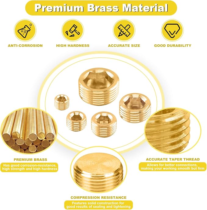 16Pcs 5 Sizes Brass NPT Plug Assortment Kit, 1/8" 1/4" 3/8" 1/2" 3/4" Internal - Image 3