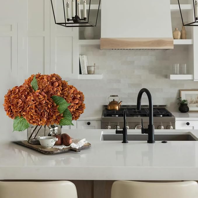 YalzoneMet 3 Pcs Orange Brown Hydrangea Artificial Flowers 21‘’ Real Touch - Image 2