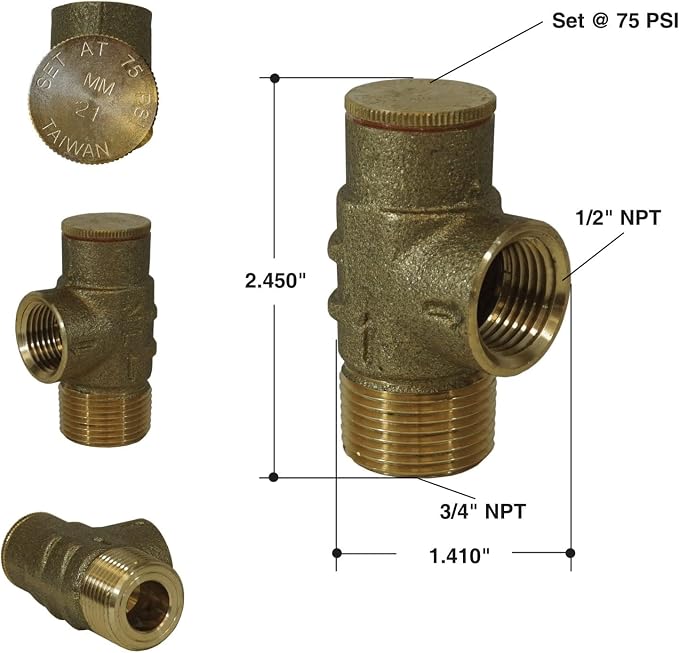 MFG PRVNL75 No Lead Brass Pressure Relief Valve 75 PSI - Image 3