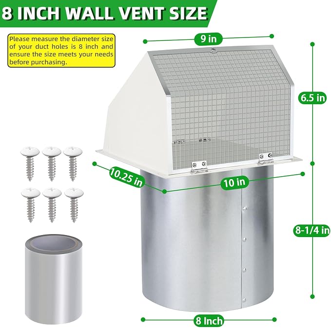 8 Inch Hooded Wall Vent with Screen and Damper, Outdoor Wall Exhaust Vent Cover - Image 2