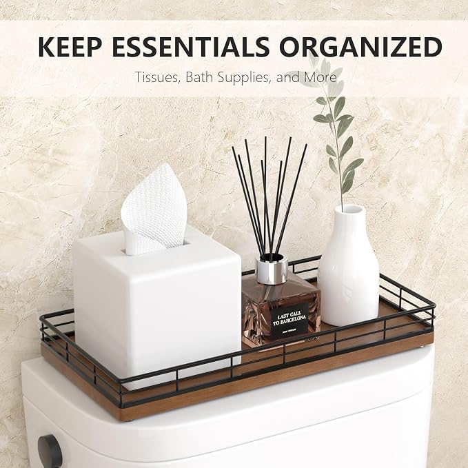 Toilet Paper Basket Organizer, Oak Wood Toilet Tank Tray - Image 3