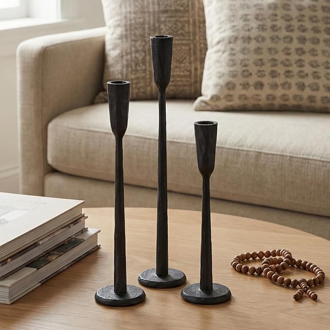 Black Iron Taper Candle Holder Set of 3, Heavy Wrought Iron Candlestick Holders by Unknown