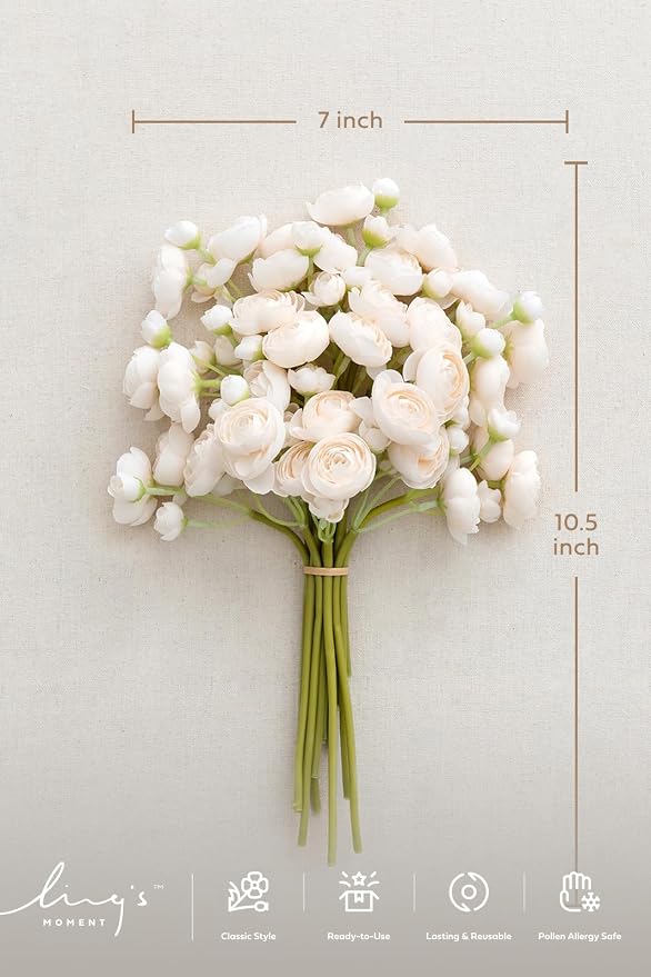Ling's moment Fake Flowers Artificial Flower Faux Silk Ranunculus Cream | Silk - Image 5