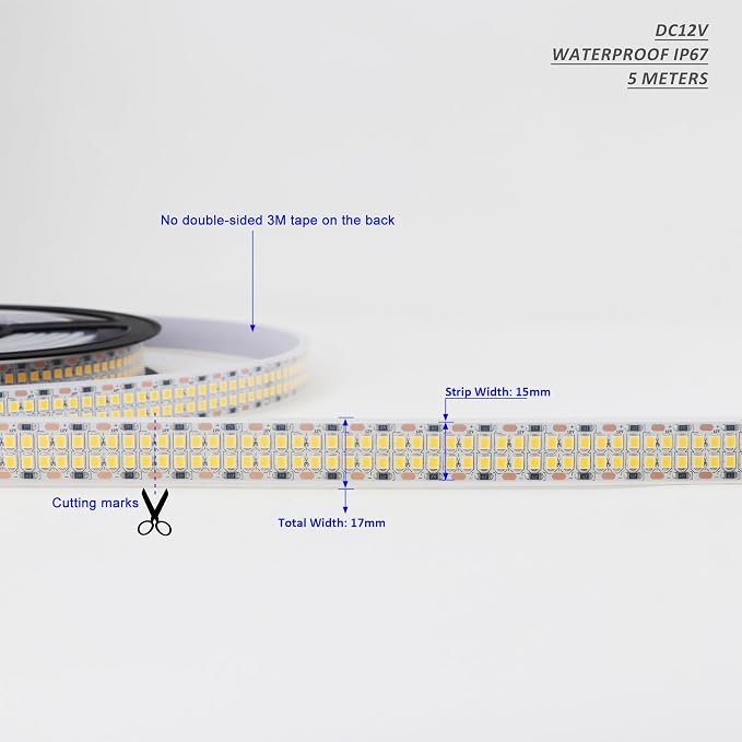 LED Strip Lights Warm White 3000K Double Row DC12V 16.4ft/5m IP67 | 2835 SMD - Image 4