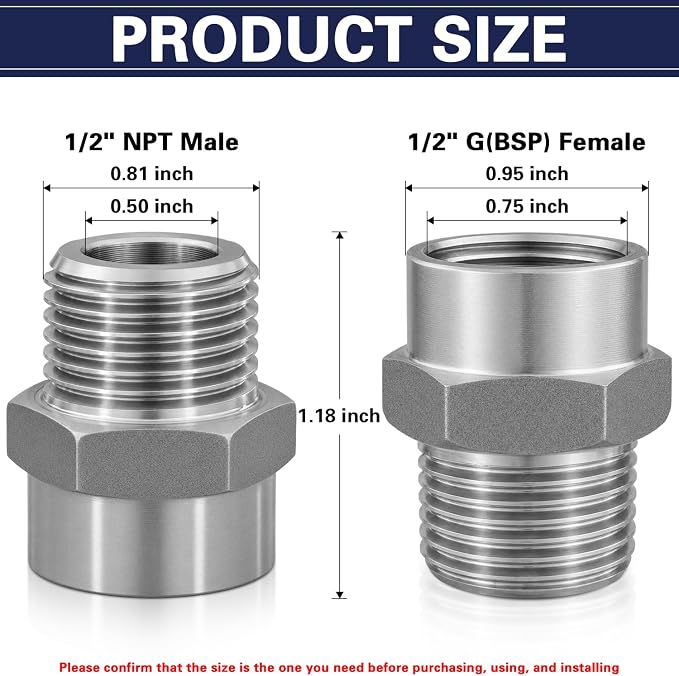 1/2" G Female to 1/2" NPT Male Adapter, Stainless Steel Pipe Fitting, BSP to - Image 2