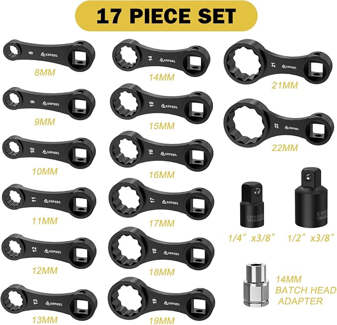 17 Pcs Metric Torque Adapter Set, 3/8" 12-Point Extension | 1/2''+1/4'' + Bit - Image 2