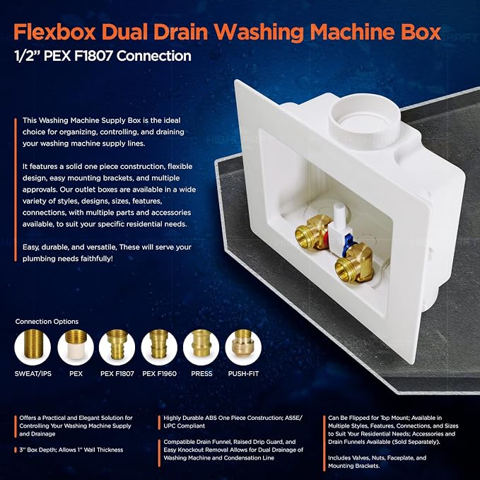 Highcraft Washing Machine Outlet Box Dual Drain, 1/2" PEX Crimp Connection - Image 5