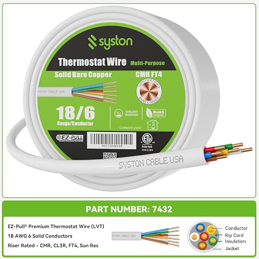 Syston 18/6 Thermostat HVAC Cable Wire, 100% Solid Copper, Riser/CL3R/CMR | 18 - Image 3