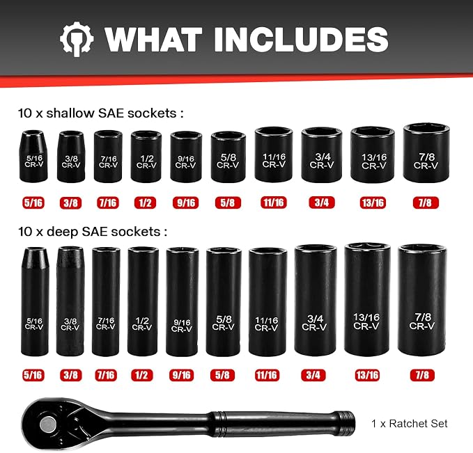 EACELIY 21pcs 3/8" Socket Set, Drive Impact Socket Set, Deep & Shallow - Image 2