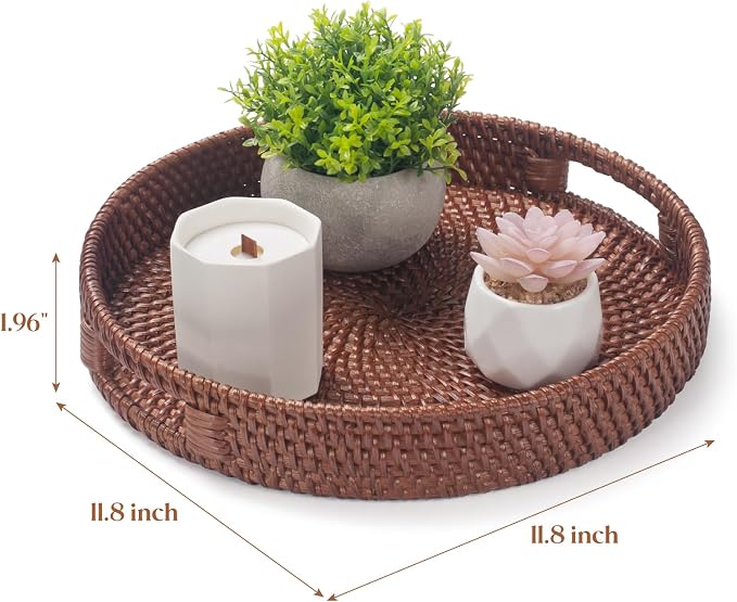 11.8 inch Round Rattan Tray, Decorative Coffee Table Tray, Ottoman Trays - Image 4