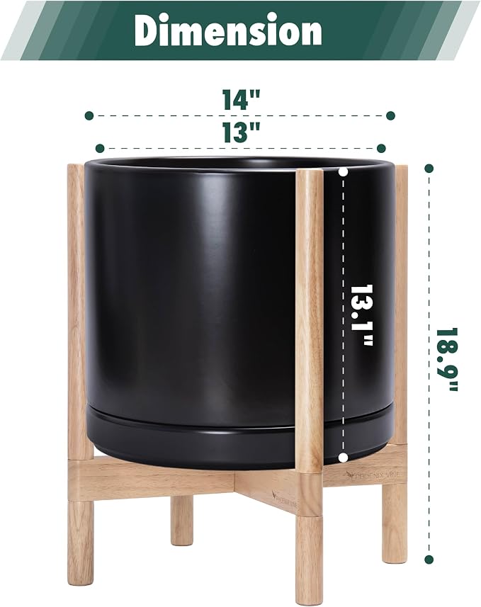 D'vine Dev Ceramic Pot with Natural Wood Stand, 14 in, 55-B-R-2 | Mid-Century - Image 3
