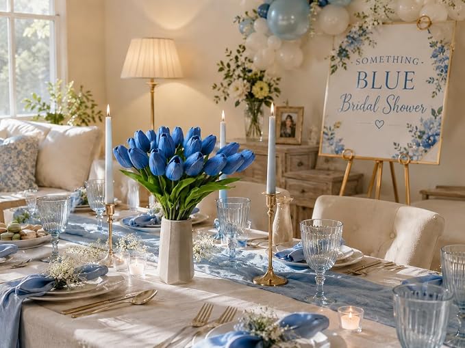 Mandy's 20pcs Artificial Light Blue Tulips | 13.5 Inch Lifelike PU Tulips Faux - Image 5