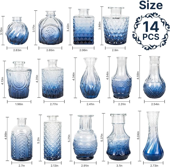 Clear Gradient Blue Glass Bud Vase Set of 14 Pcs, Small Bud Vases in Bulk - Image 4