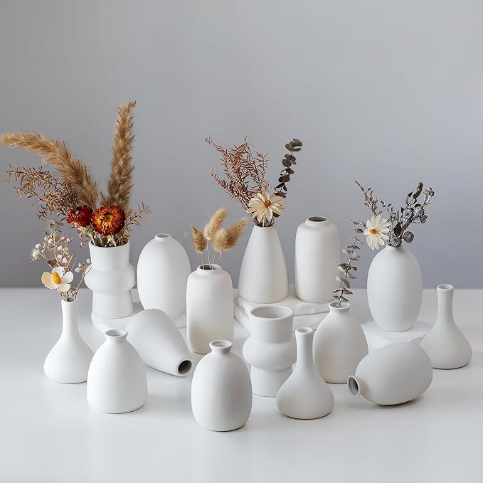NUPTIO Small White Ceramic Vase: 15 Pcs Assorted Vases | Bud Vase Centerpiece by Nuptio