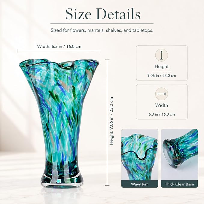 LCCCK 9.0" H Teal Glass Vases for Flower, Unique Hand Blown Glass Vase | Wide - Image 2