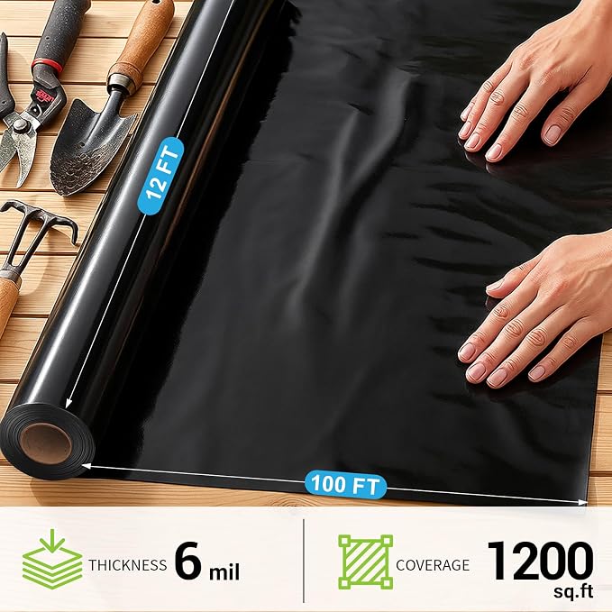 Black Plastic Sheeting, 6 Mil 12' x 100', Crawl Space Vapor Barrier, Vapor - Image 2