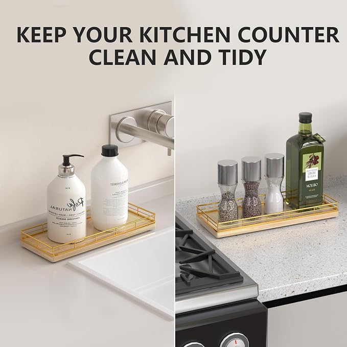 Bathroom Tray for Counter Top Organizer, Oak Wood Vanity Tray | Metal Frame for - Image 4