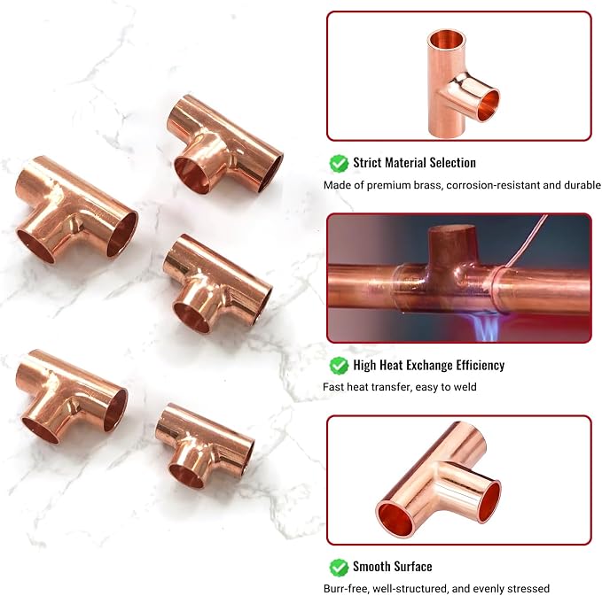 5/16" Copper Tee, Copper Three-Way Fitting Welding Joint, Sweat Solder - Image 4
