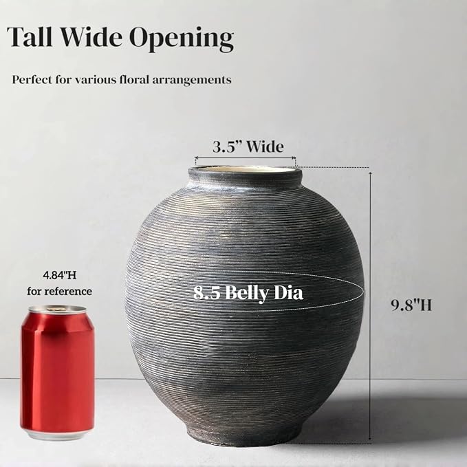 Black Ceramic Flower Vase, 9.8" H, Large Round Table Vase - Image 3