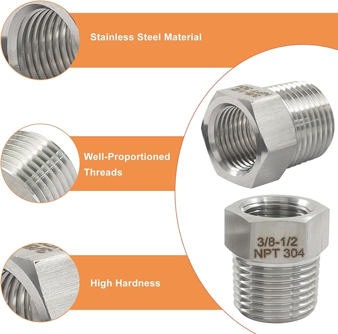 1/2" Male NPT to 3/8" Female NPT Hex Bushing Reducer, 2 Pack | 304 Stainless - Image 3