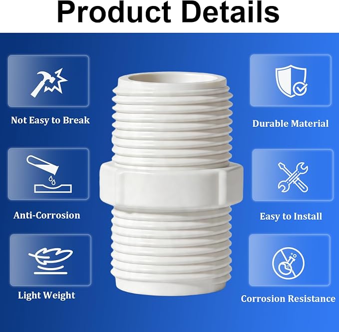 10PCS 3/4 Inch PVC Pipe Fitting Hex Nipple, 3/4 Male X 3/4 Male Thread Coupling - Image 2