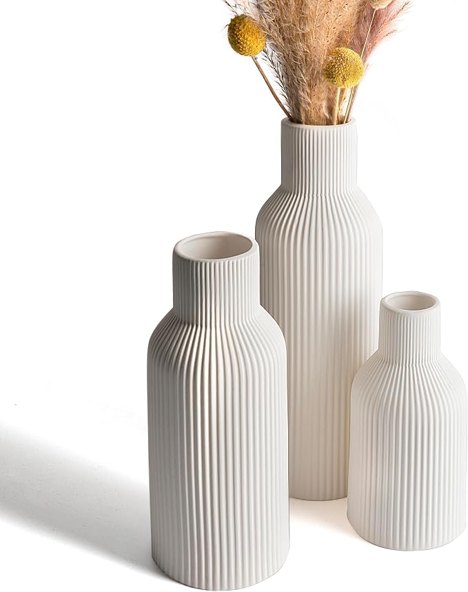 White Ceramic Flower Vase Set of 3 Matte Ribbed Waterproof | Waterproof interior by TrendEcoHome