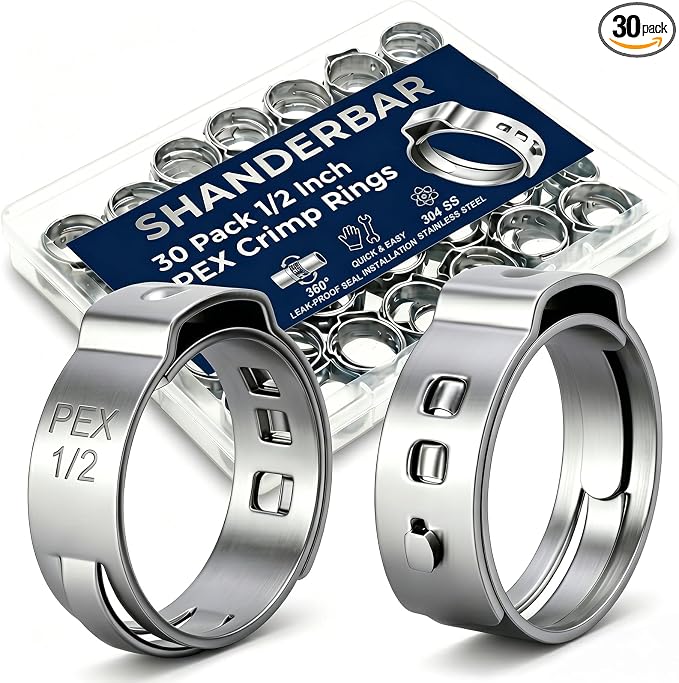 30 Pack 1/2 Inch PEX Cinch Clamps Rings, 304 Stainless Steel Pex Crimp Ring | by SHANDERBAR+