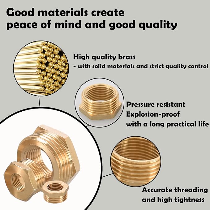 10Pcs Brass Reducer Hex Bushing 3/8" NPT Male x 1/4" NPT Female Threaded Pipe - Image 5