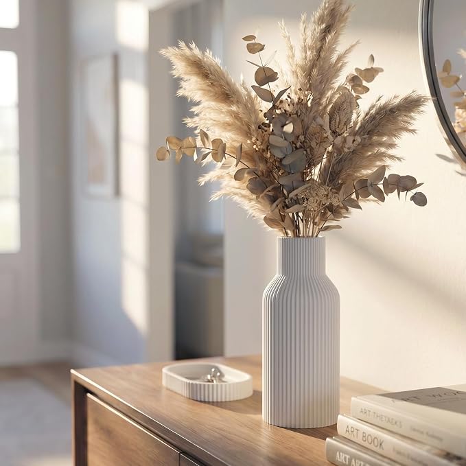 White Ceramic Vase, Modern Matte Ribbed Flower Vase - Image 2