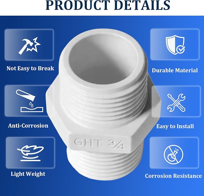 10 Pack 3/4 inch PVC Pipe Fitting Hex Nipple, Male 3/4" NPTx Male 3/4" GHT PVC - Image 3