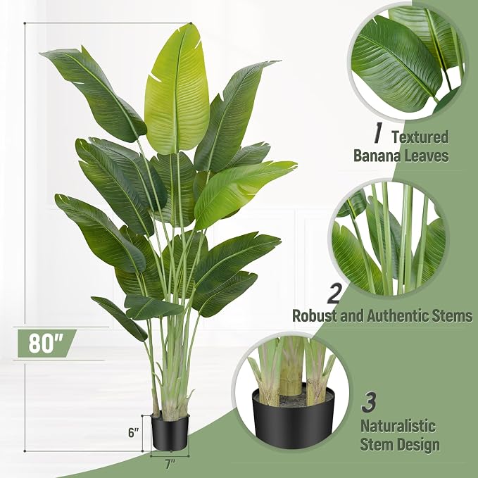 Lifelike Bird of Paradise Artificial Plant, 6.6ft Faux Banana Leaf Tree - Image 3
