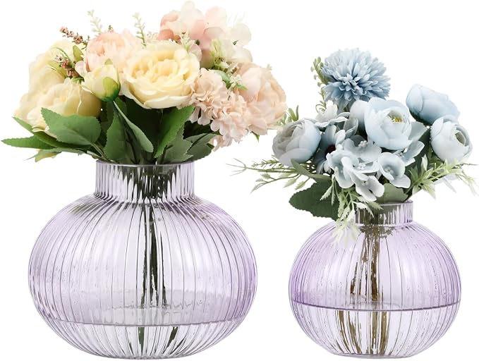 Purple Glass Vases for Tulips, Flower Vases for Bouquet, Ribbed Glass Vase for by YANWE