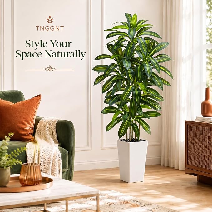 Artificial Dracaena Tree: 6FT Fake Plants Silk Faux Trees（White Pot） | - Image 2