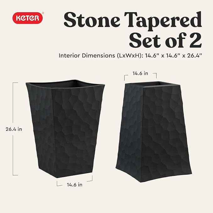 Keter Stone Tapered Planter Set of 2, Tall 26.4‑Inch Resin Outdoor Flower Pots - Image 2