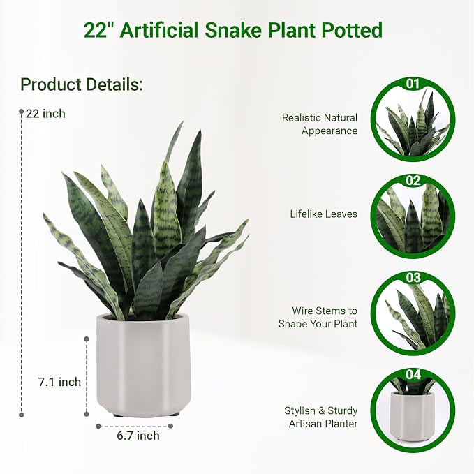 Fake Snake Plant 22" Tall, Realistic Touch Leaves, Potted Artificial Plants - Image 2