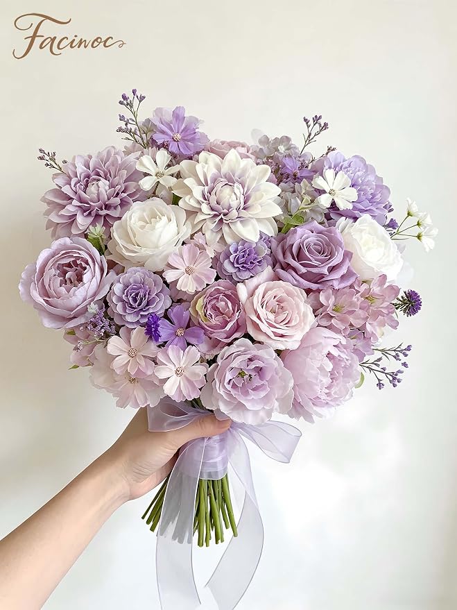 FACINOC Roses Artificial Flowers Purple Mix Silk Flower Dahlia Bulk Box Set | - Image 8