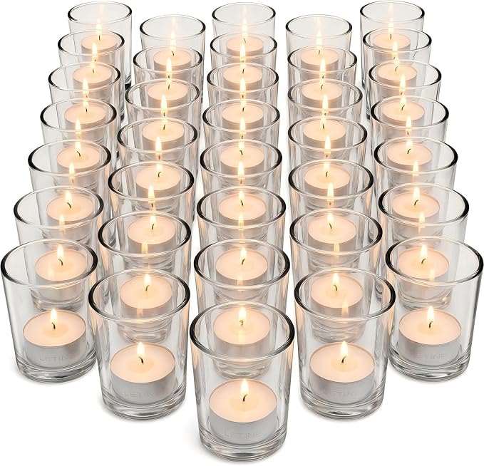 Letine 36-Pack Glass Votive Holders & White Tealights – Clean-Burning Smokeless by LETINE