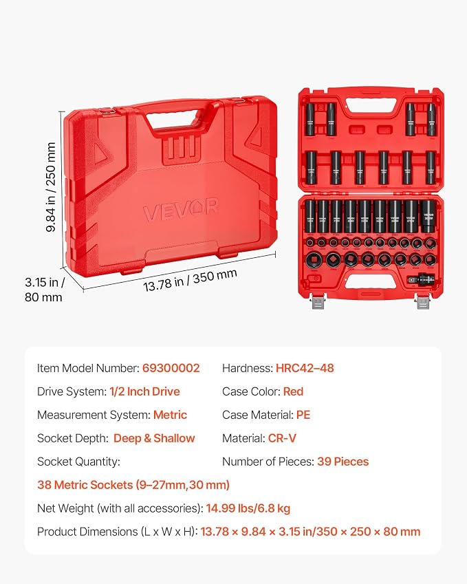 VEVOR 39-Piece Impact Socket Set 1/2" Drive, Metric Size, Deep & Shallow - Image 7