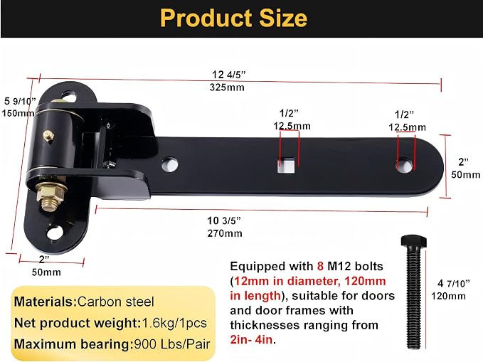 13” Heavy Duty Gate Hinges, 900 LBS Load Capacity, Thickened Solid Steel | - Image 2